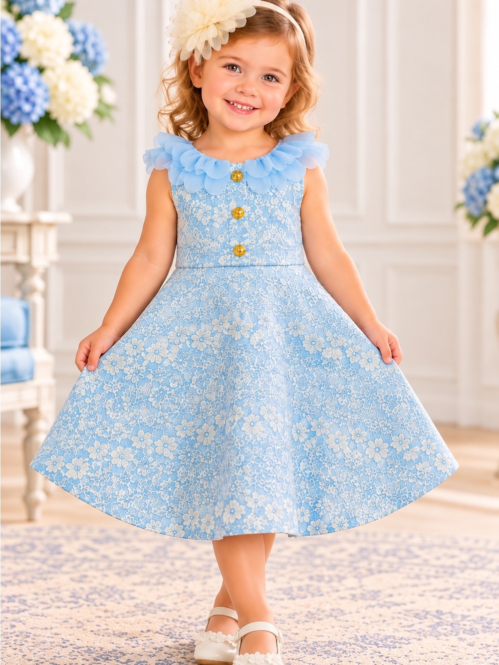 Genuine Kids OshKosh Baby Girl 12M Blue Floral Dress + Headband